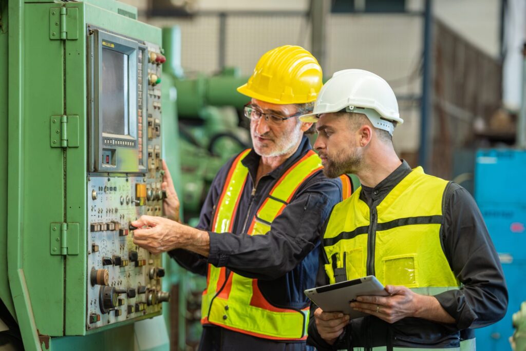 Two,Professional,Engineer,Worker,Technician,Assistant,In,Helmet,Inspection,Check